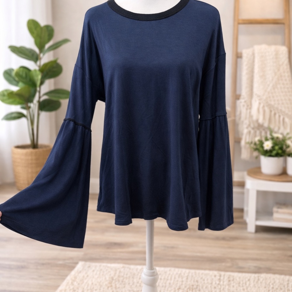 Cotton Blue Navy Blue Bell Sleeve Top NWOT S M L SOFT